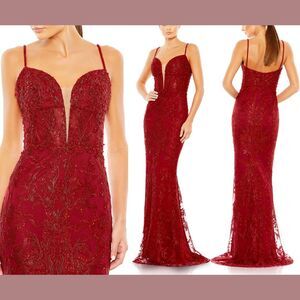 NWT $798 Mac Duggal‎ [ 14 ] 20330 Embellished Plunge Neck Mermaid Gown Red